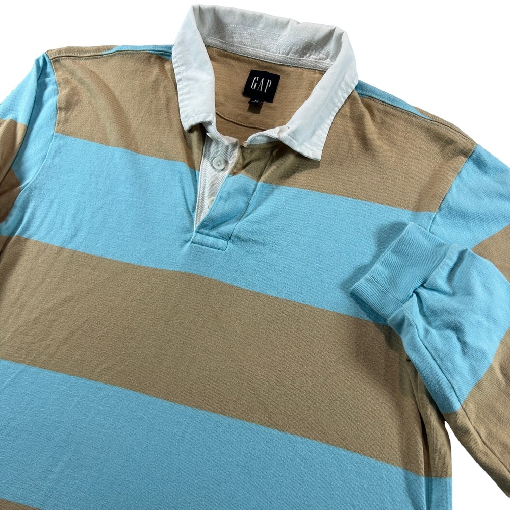 Gap Rugby Shirt Mens Size M Blue Tan Striped Long Sleeve Cotton Classic Preppy